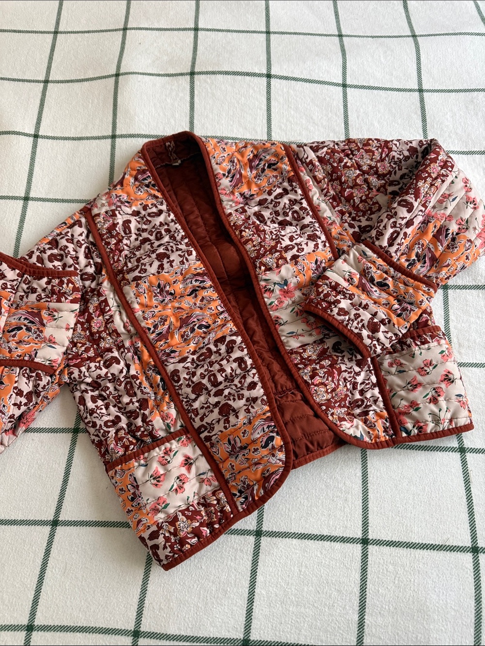SHEIN Quilted Floral Patchwork Jacket - Rust, Orange & Cream